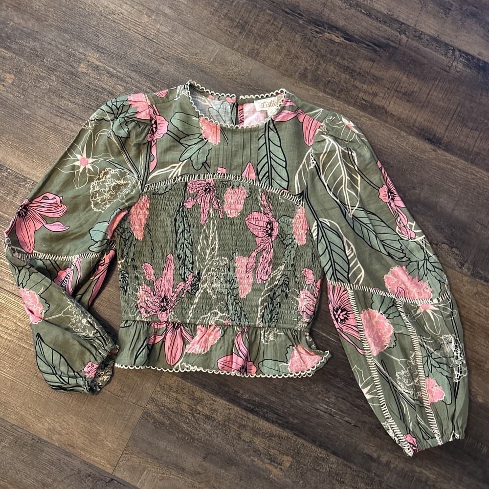 Listicle Blouse Top Green Pink Floral Small